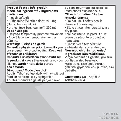 Sports Research® Double Strength ‘Suntheanine’ L-Theanine with Organic Coconut Oil - Promotes Alertness, Focus, and Relaxation without Drowsiness - 200 mg L Theanine Supplement - 60 Softgel Capsules - Available at All In One Marketplace Canada
