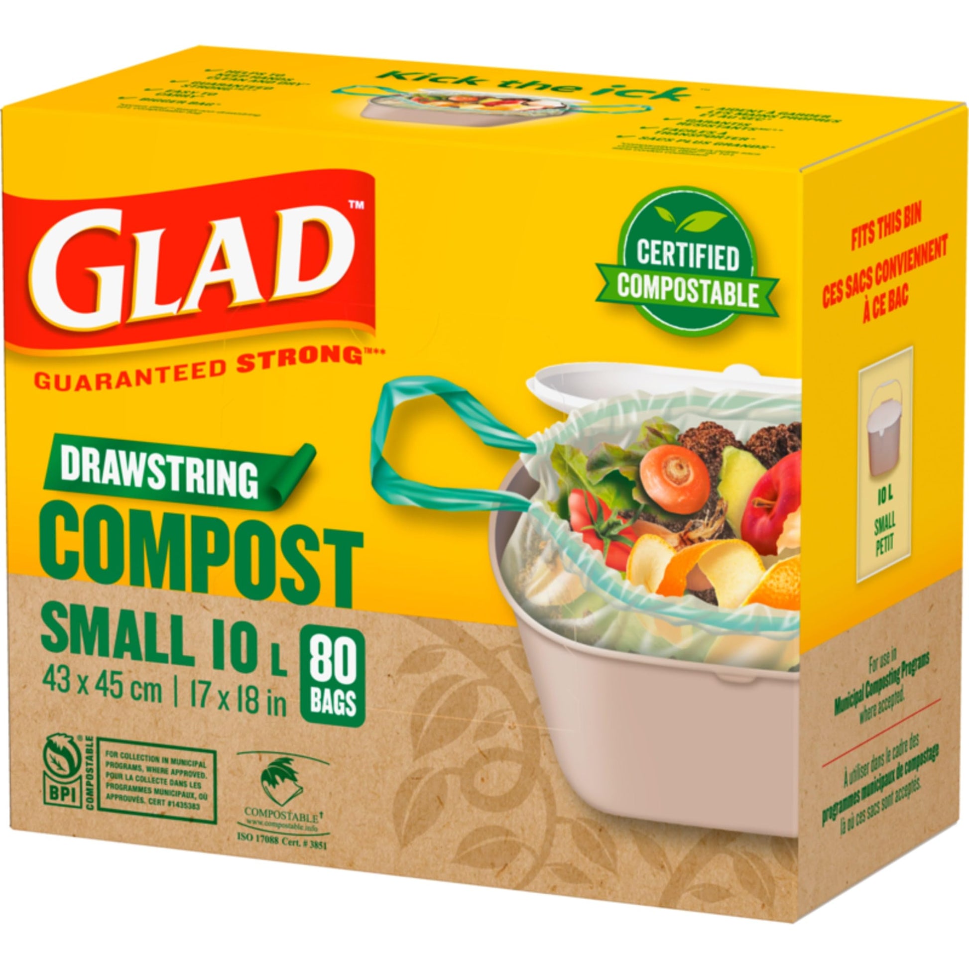 Glad Certified Compostable Drawstring Bags - Small 10 Litres - Drawstring, 80 Compost Trash Bags - Unscented