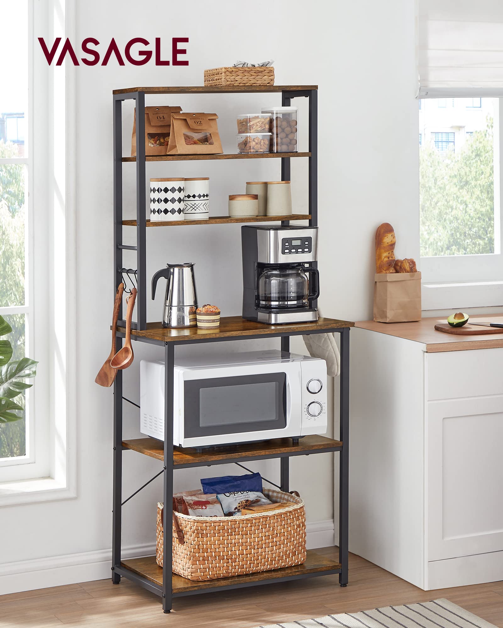 VASAGLE Coffee Bar, Baker’s Rack for Kitchen with Storage, 6-Tier Kitchen Shelves with 6 Hooks, Microwave Stand, Industrial, 15.7 x 23.6 x 65.7 Inches, Rustic Brown and Black UKKS024B01 🍁 All In One Marketplace Canada VASAGLE