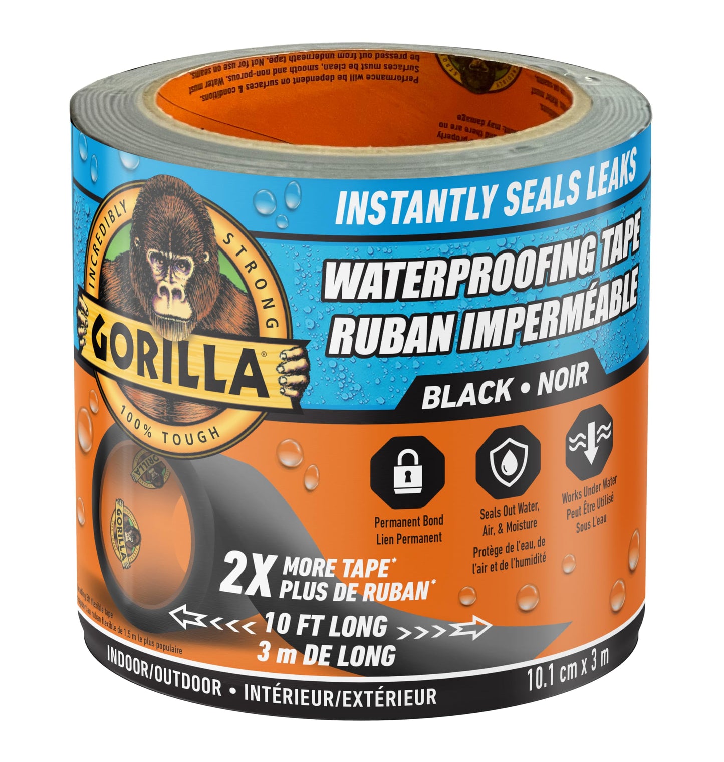 Gorilla Waterproof Patch & Seal Tape, Heavy-Duty, Instantly Seals, Works Underwater, Indoor/Outdoor, Flexible Permanent Bond, 4 in x 10 ft, Black, 1 Pack