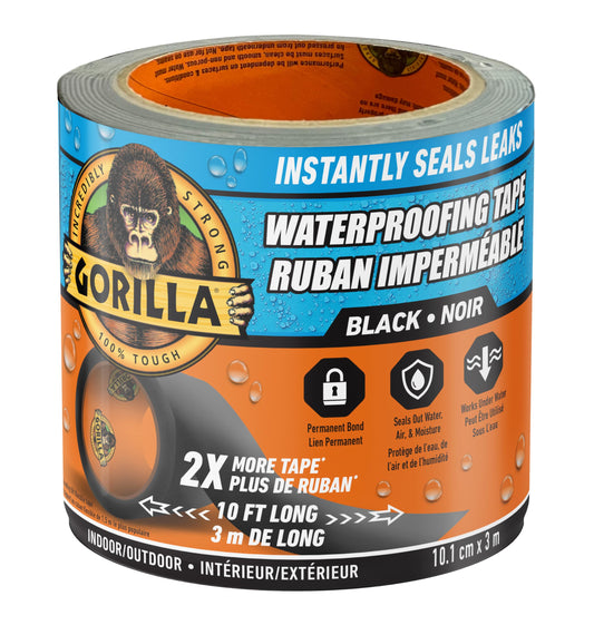 Gorilla Waterproof Patch & Seal Tape, Heavy-Duty, Instantly Seals, Works Underwater, Indoor/Outdoor, Flexible Permanent Bond, 4 in x 10 ft, Black, 1 Pack