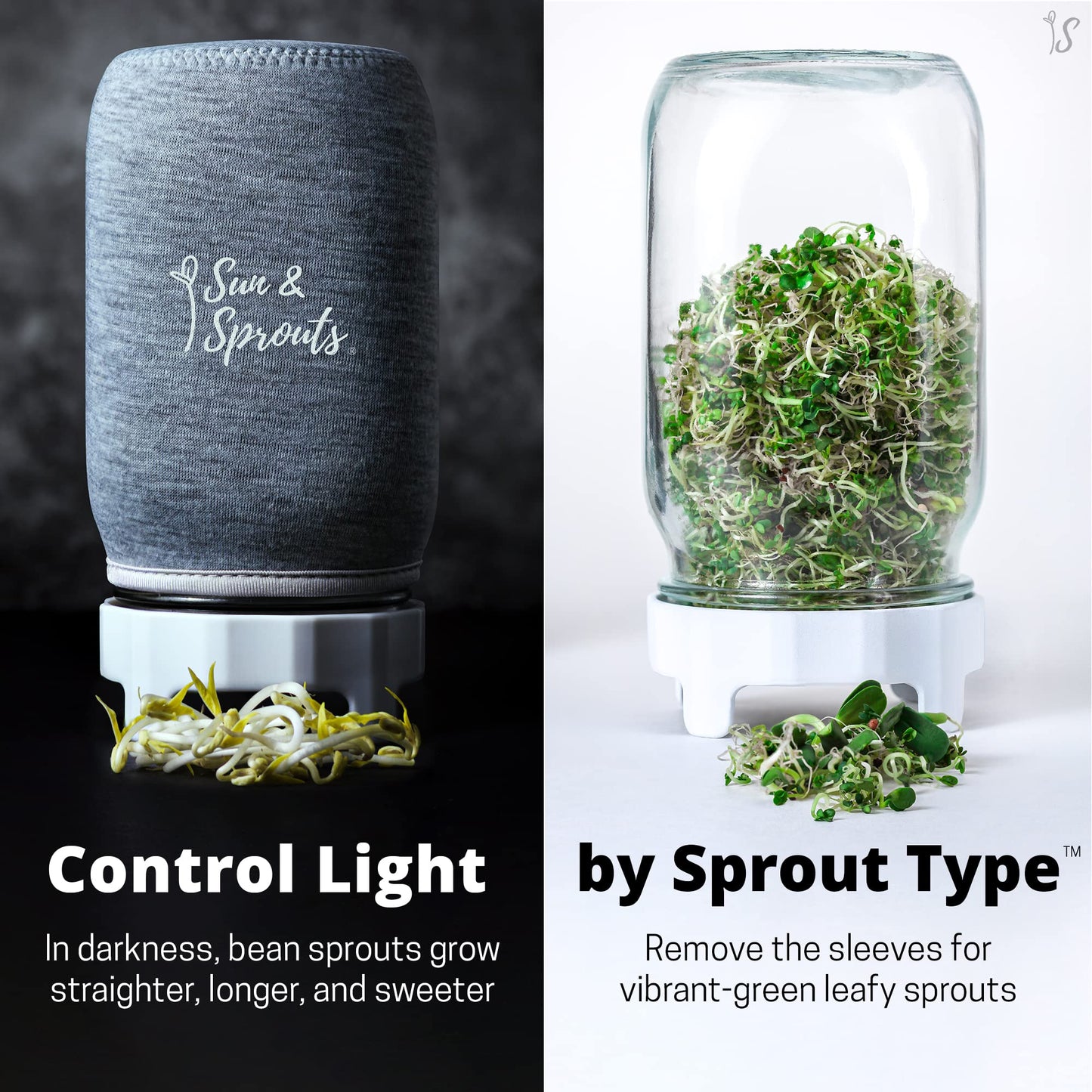 Sun & Sprouts The Original Complete Sprouting Kit - 2 Large Wide-Mouth Mason Jars, Premium Screen lids, Blackout Sleeves, Tray, Sprouter Stand - for Growing Broccoli, Mung Bean, Alfalfa from Seed