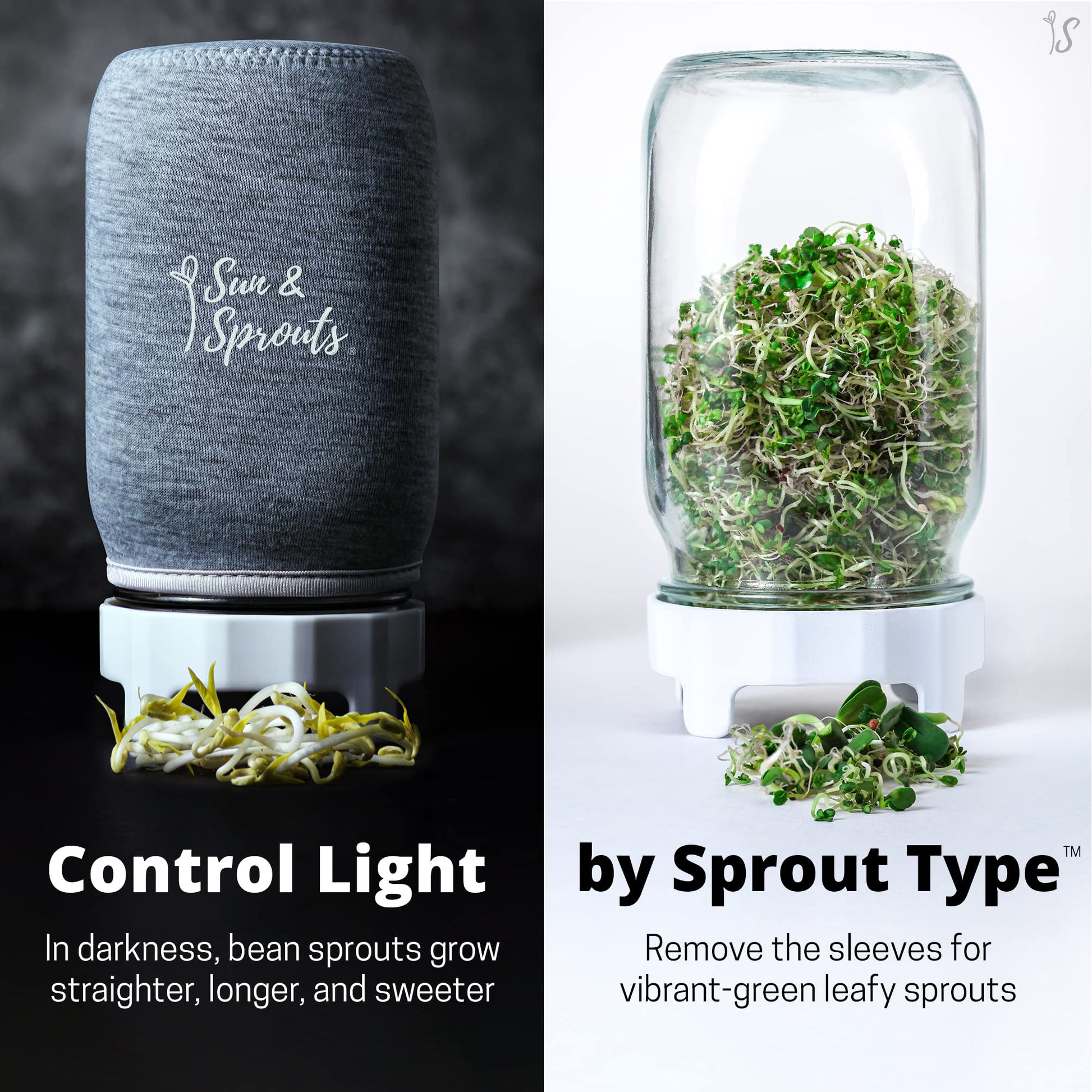 Sun & Sprouts The Original Complete Sprouting Kit - 2 Large Wide-Mouth Mason Jars, Premium Screen lids, Blackout Sleeves, Tray, Sprouter Stand - for Growing Broccoli, Mung Bean, Alfalfa from Seed