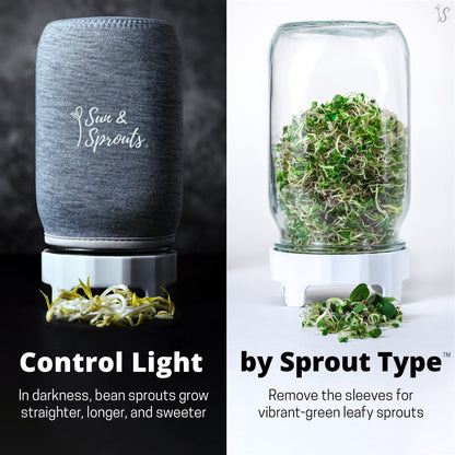 Sun & Sprouts The Original Complete Sprouting Kit - 2 Large Wide-Mouth Mason Jars, Premium Screen lids, Blackout Sleeves, Tray, Sprouter Stand - for Growing Broccoli, Mung Bean, Alfalfa from Seed