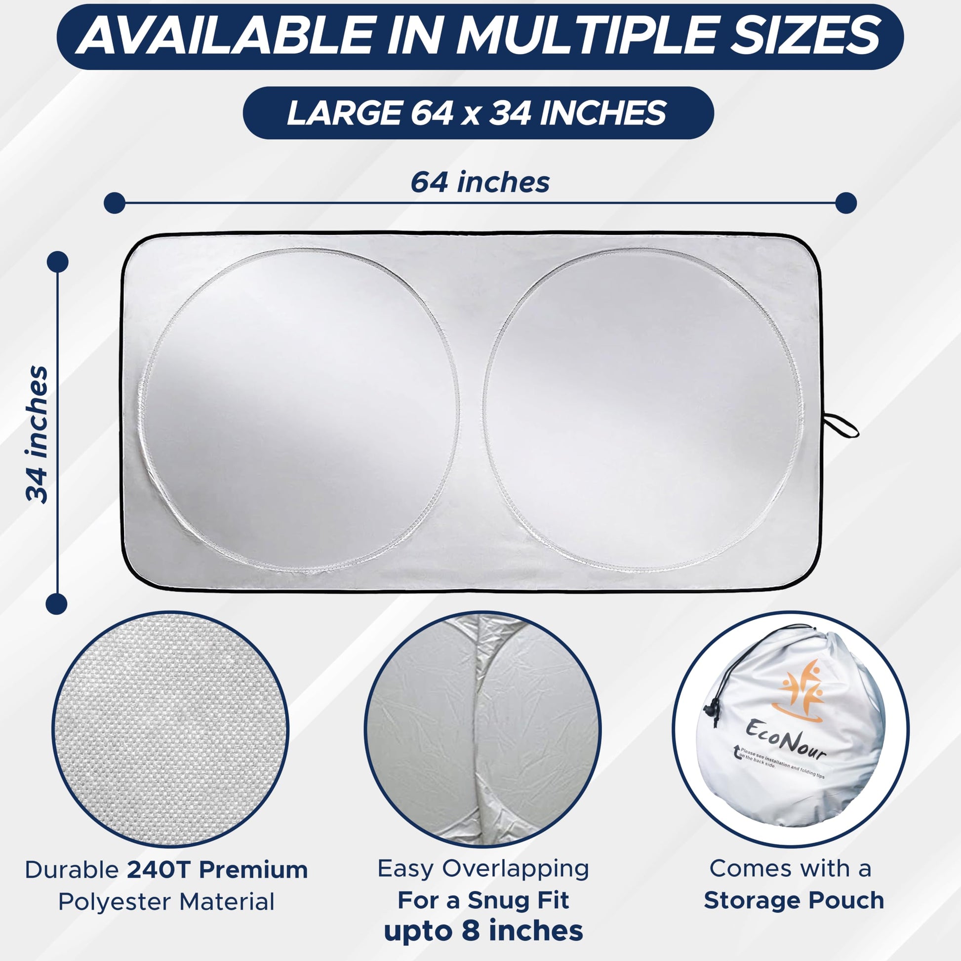 EcoNour Car Windshield Sun Shade with Storage Pouch | Durable 240T Material Car Sun Visor for UV Rays, Sun Heat Protection | Car Interior Accessories for Sun Heat | Medium Plus (64 inches x 34 inches)