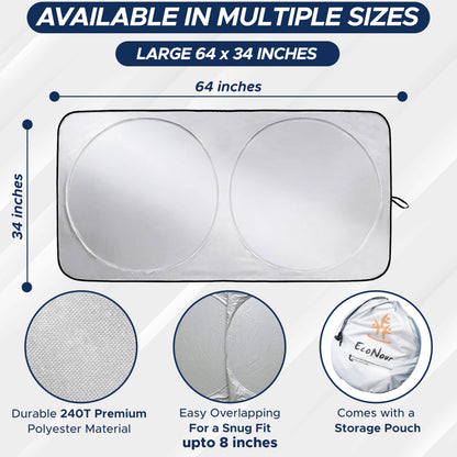 EcoNour Car Windshield Sun Shade with Storage Pouch | Durable 240T Material Car Sun Visor for UV Rays, Sun Heat Protection | Car Interior Accessories for Sun Heat | Medium Plus (64 inches x 34 inches)