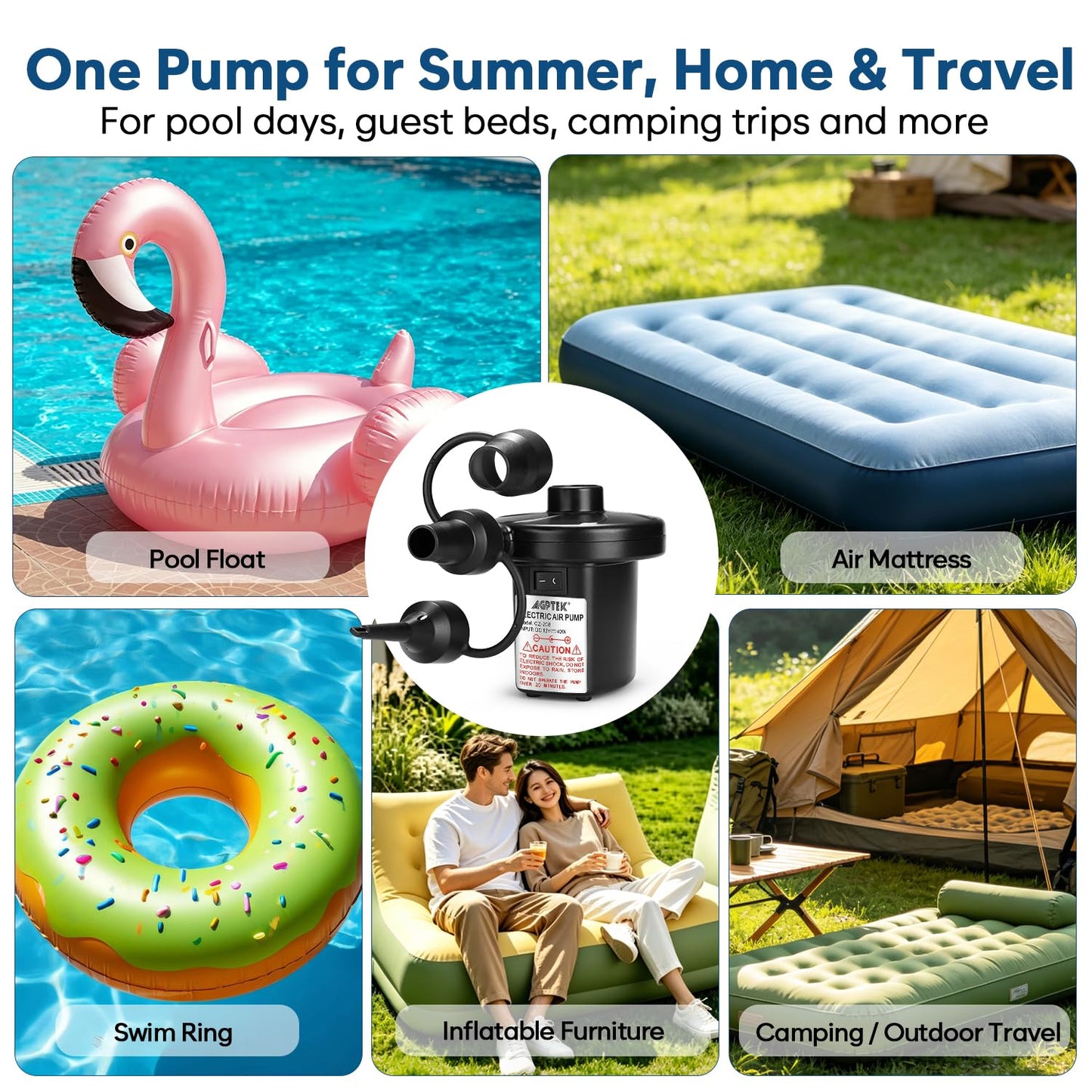 Electric Air Pump, AGPtEK Portable Quick-Fill Air Pump with 3 Nozzles, 4500 Pa 110V AC/12V DC, Perfect Inflator/Deflator Pumps for Outdoor Camping, Inflatable Cushions, Air Mattress Bed, Swimming Ring