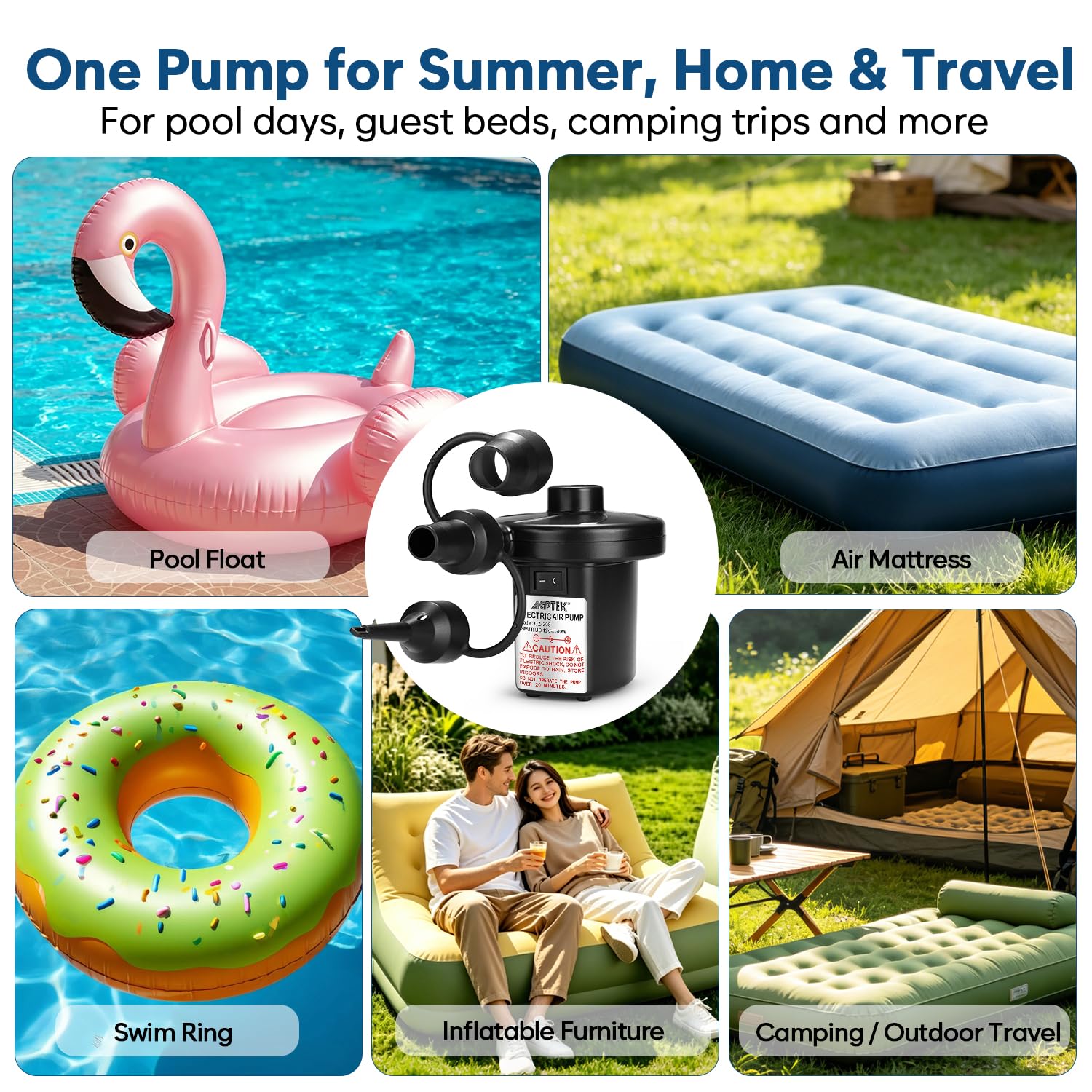 Electric Air Pump, AGPtEK Portable Quick-Fill Air Pump with 3 Nozzles, 4500 Pa 110V AC/12V DC, Perfect Inflator/Deflator Pumps for Outdoor Camping, Inflatable Cushions, Air Mattress Bed, Swimming Ring