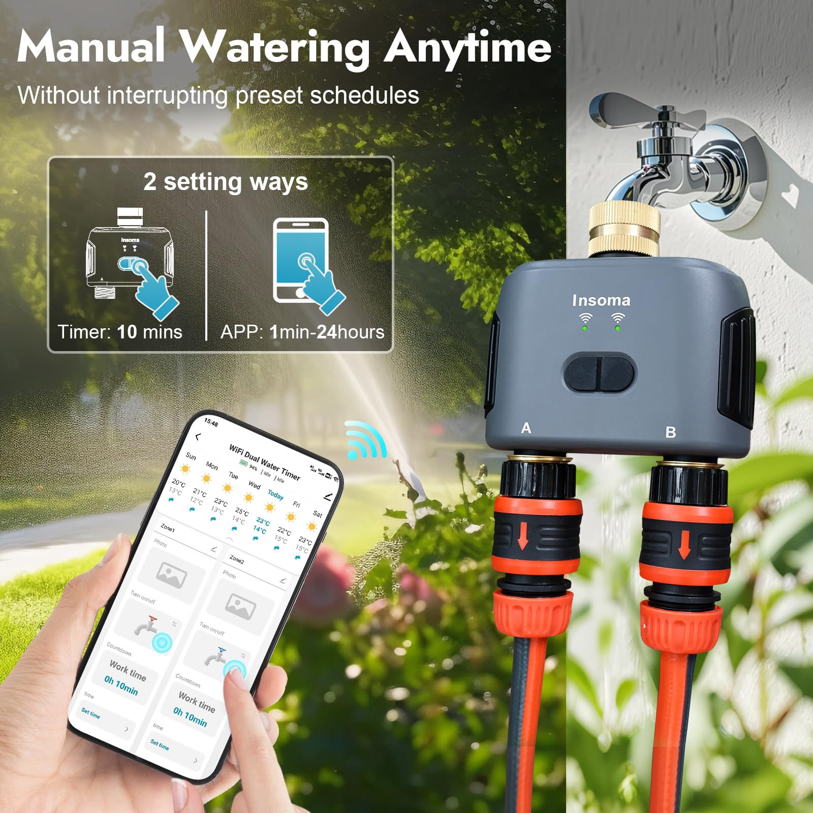 WiFi Water Timer for Garden Hose with Brass Inlet,Smart Hose Timer with WiFi Hub, APP & Voice Control,Up to 20 Watering Plans, 2-Zone Sprinkler Drip Irrigation System Controller for Watering