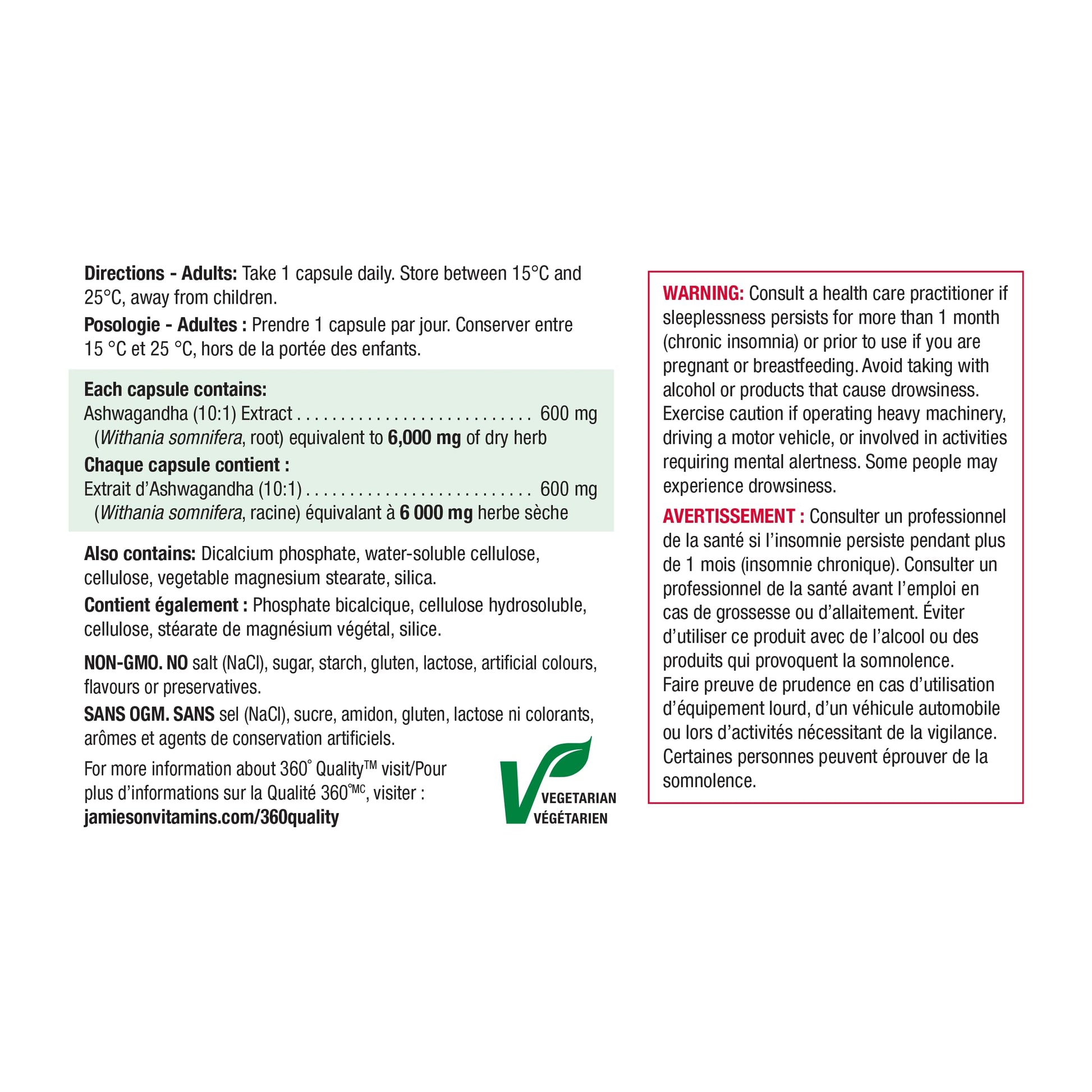 Jamieson High-Potency Ashwagandha 6,000 mg, Increases Resistance to Stress, Adaptogen, and Enhances Memory. Non-GMO, Vegetarian, Gluten-Free, Only One Per Day, 60 Capsules - Available at All In One Marketplace Canada