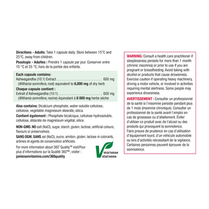 Jamieson High-Potency Ashwagandha 6,000 mg, Increases Resistance to Stress, Adaptogen, and Enhances Memory. Non-GMO, Vegetarian, Gluten-Free, Only One Per Day, 60 Capsules - Available at All In One Marketplace Canada