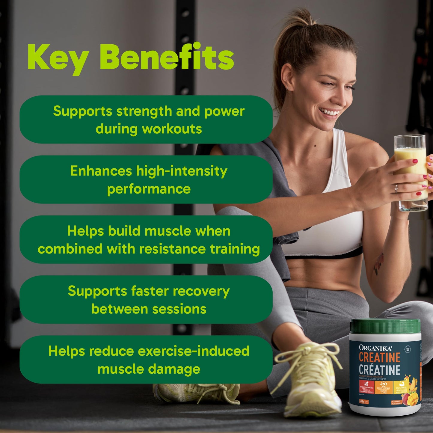 Organika Canadian-Made Creatine Powder- Peach Mango- Pure Micronized Creatine Monohydrate - Helps Build Lean Muscle, Increase Strength, and Improved Recovery and Performance for Men and Women - 600g