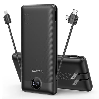 VEGER Portable Charger for iPhone Built in Cables and Wall Plug, 10000mah Slim Fast Charging USB C Power Bank, Travel Essential Battery Pack Compatible with iPhones, iPad, Samsung More Devices(Black) - Available at All In One Marketplace Canada