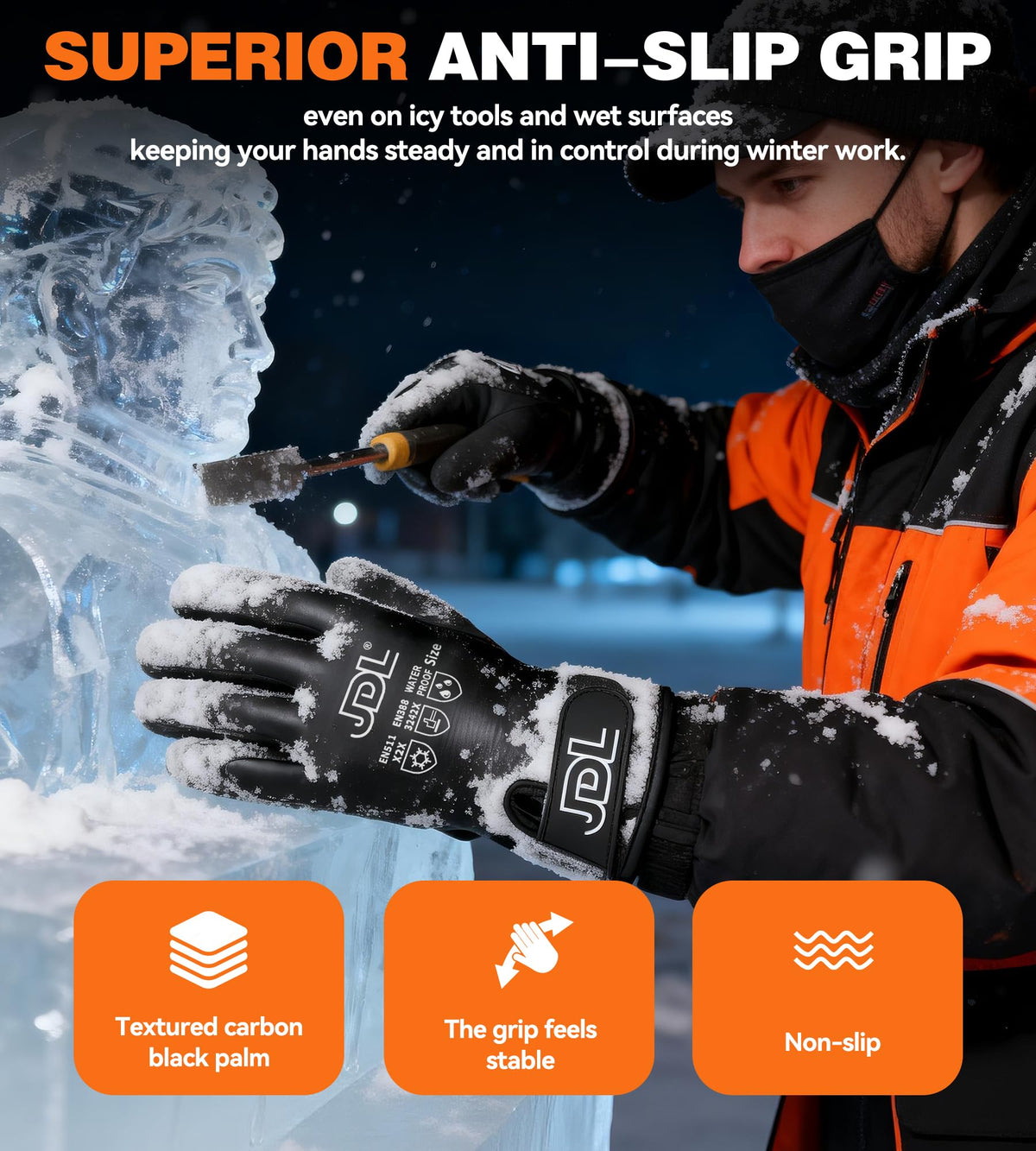 JDL 100% Waterproof Winter Work Gloves for Men & Women, Thermal Insulated Freezer Gloves for Cold Weather, Super Grip Palm, Carbon Black, Large 🍁 All In One Marketplace Canada
