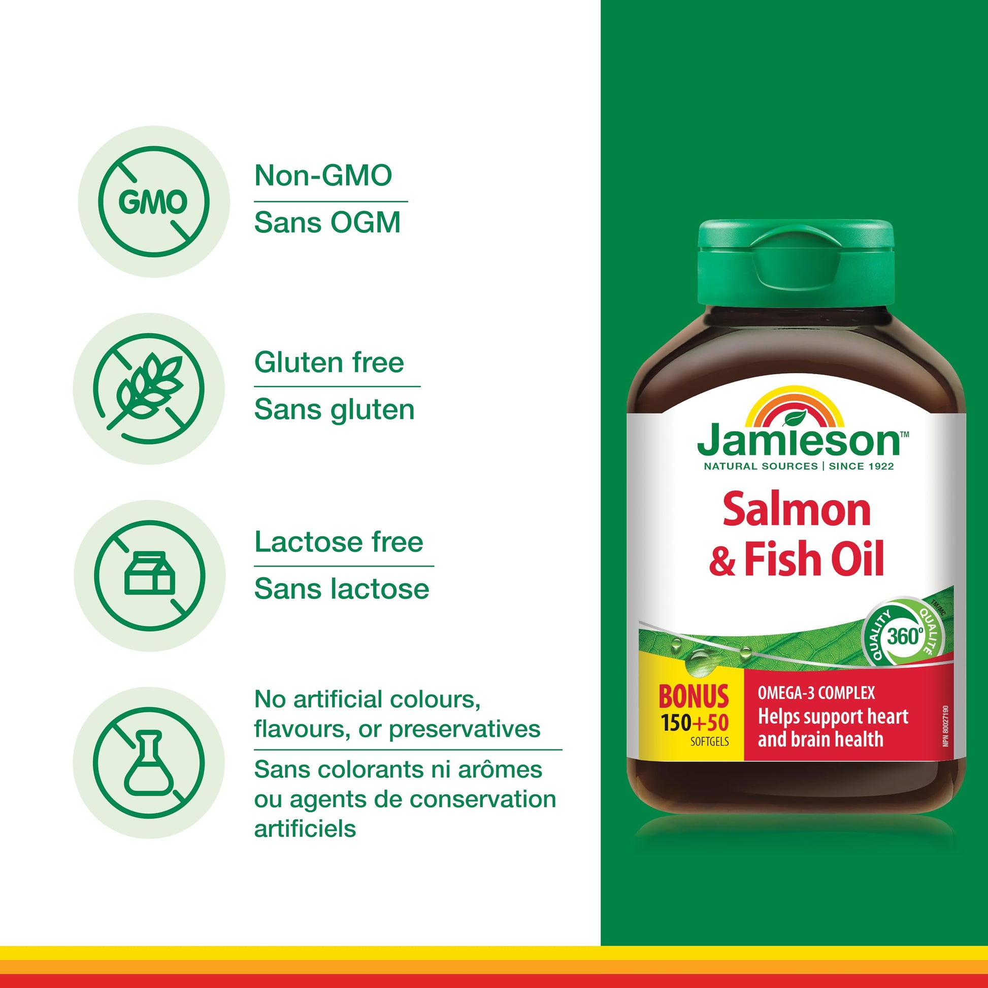 Jamieson Salmon and Fish Oil 1,000 mg Softgels, Bonus Size, Supports Heart and Brain Health. With Wild Salmon, EPA and DHA, Non-GMO, Gluten-Free, 200 Count, Proudly Canadian - Available at All In One Marketplace Canada