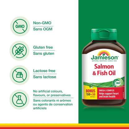 Jamieson Salmon and Fish Oil 1,000 mg Softgels, Bonus Size, Supports Heart and Brain Health. With Wild Salmon, EPA and DHA, Non-GMO, Gluten-Free, 200 Count, Proudly Canadian - Available at All In One Marketplace Canada