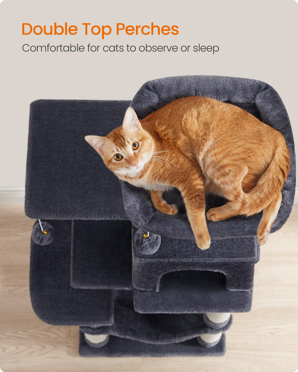 Feandrea Cat Tree Tower, 112 cm, 2 Perches, Hammock, Smoky Gray