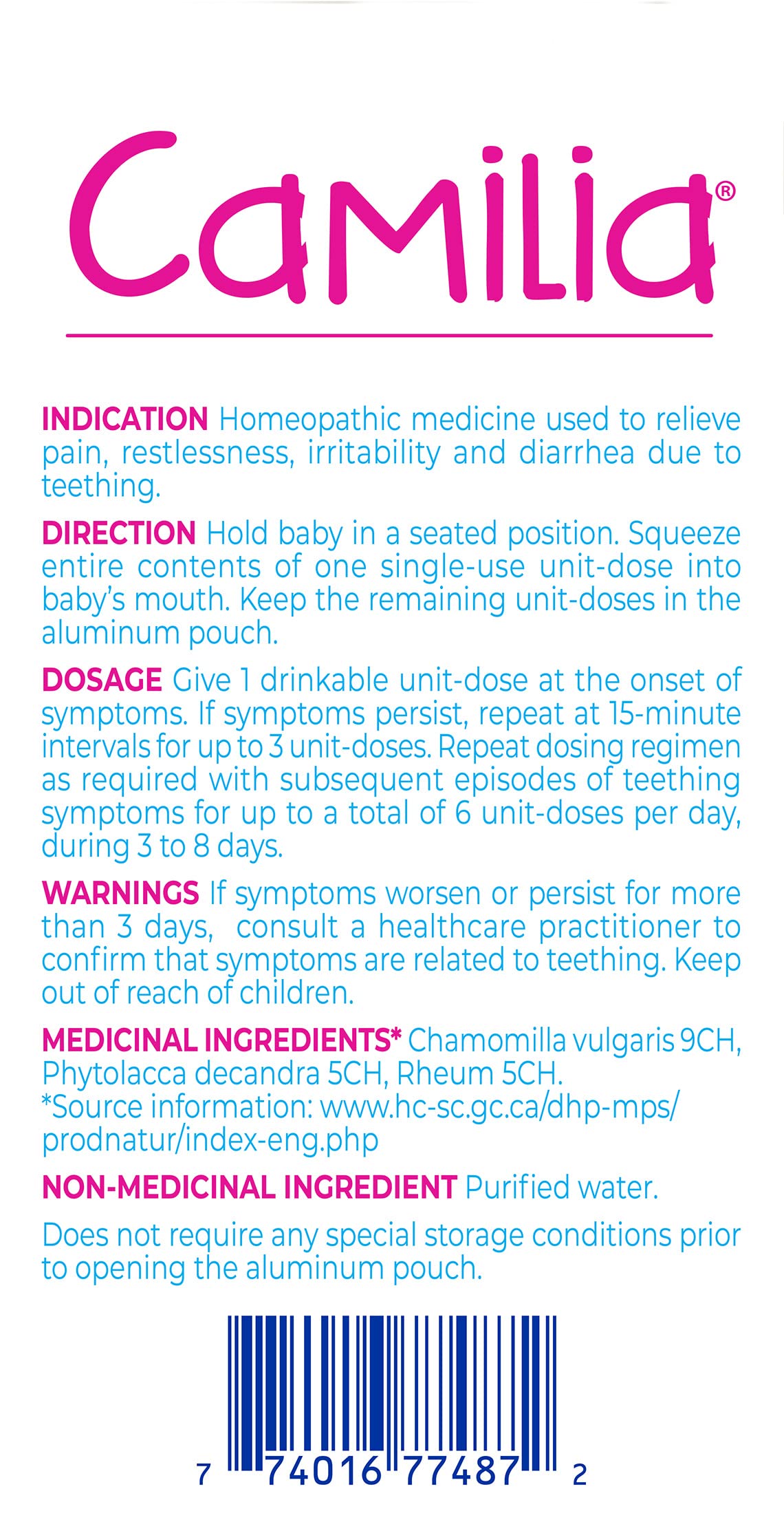 Boiron Camilia Baby Teething 60 unit-doses (twin pack). Camilia used for pain, restlessness, irritability and diarrhea due to teething. Benzocaine-Free and Preservative-Free,No Sugar, No Dye. 1 to 30 months - Available at All In One Marketplace Canada