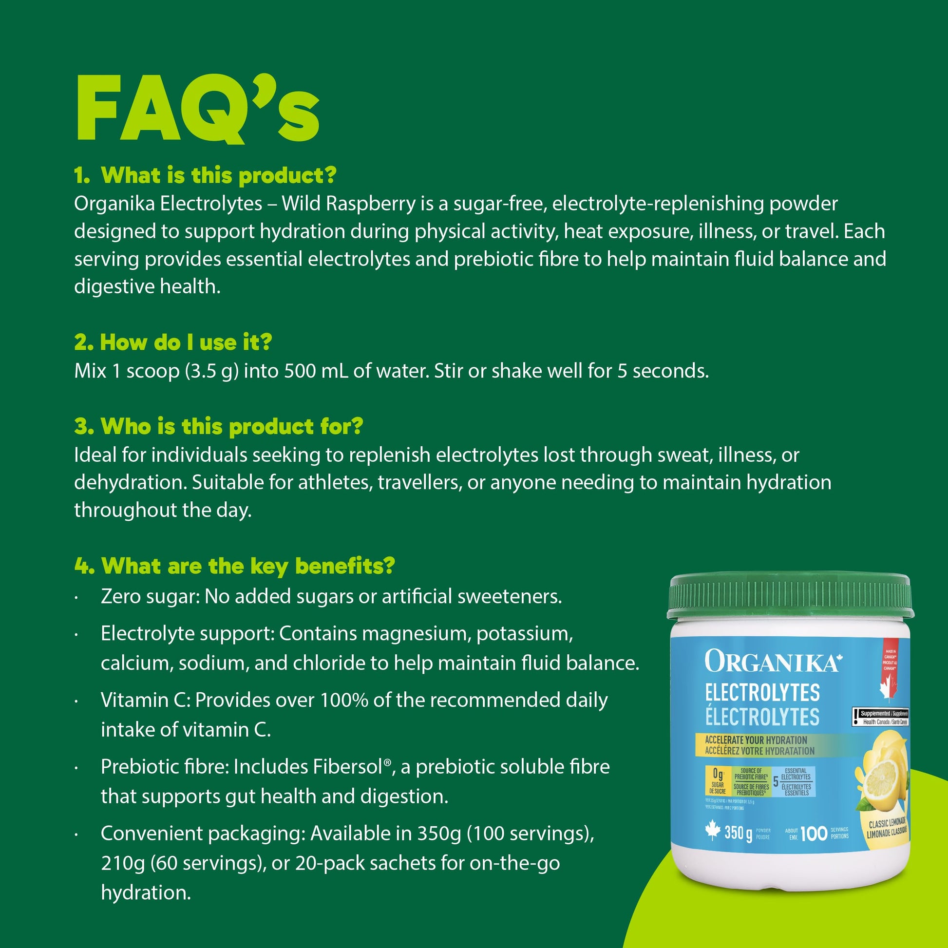 Organika Canadian-Made Electrolytes Powder with Vitamin C & Prebiotic Fibre - Sugar-Free Hydration Drink Mix - Classic Lemonade - 350 g - 100 servings Organika