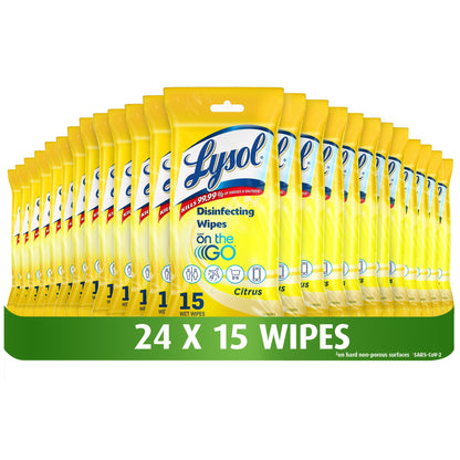 Lysol Disinfecting Wipes, Lysol On the Go, Citrus, Kills 99.9% of Viruses & Bacteria, Bulk Pack of 24, 360 count (24 x 15 count)