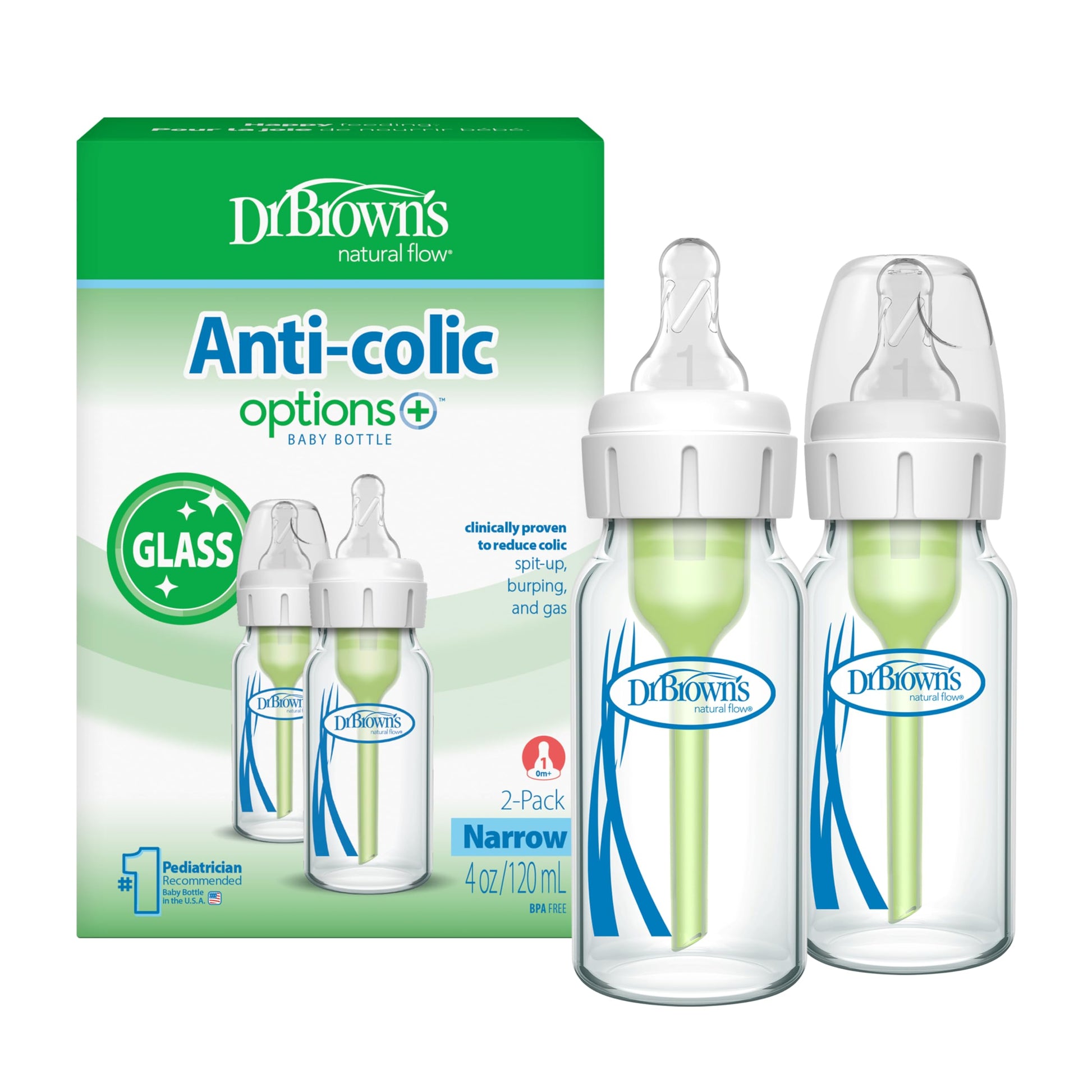 Dr. Brown’s Natural Flow Anti-Colic Options+ Narrow Glass Baby Bottles, 4oz, 2-Pack
