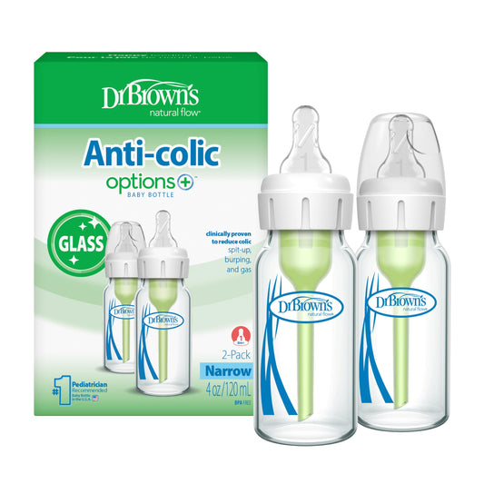 Dr. Brown’s Natural Flow Anti-Colic Options+ Narrow Glass Baby Bottles, 4oz, 2-Pack