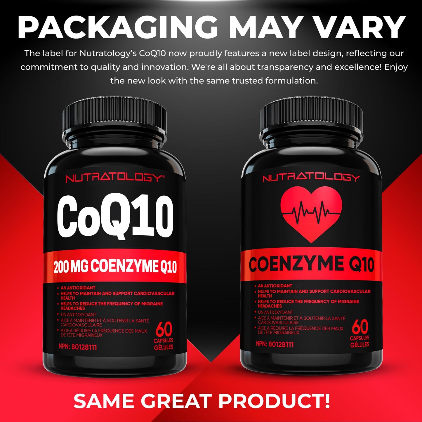Nutratology® Coenzyme Q10 (CoQ10) 200MG - Cardiovascular Health Support - Antioxidant for Heart Health - Helps Reduce the Frequency of Migraines - CoQ10 Supplement - 60 Capsules - Available at All In One Marketplace Canada