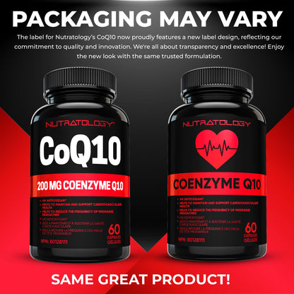 Nutratology® Coenzyme Q10 (CoQ10) 200MG - Cardiovascular Health Support - Antioxidant for Heart Health - Helps Reduce the Frequency of Migraines - CoQ10 Supplement - 60 Capsules - Available at All In One Marketplace Canada