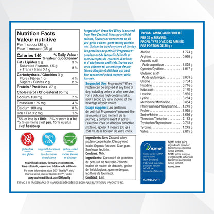 Progressive Grass-Fed 100% Whey Protein Powder Unflavoured, 27g of New Zealand Whey Concentrate per Scoop for Muscle Gain, Pasture-Raised, Non-GMO, Canadian-Made Antibiotic-free, Hormone-free, 850 g - Available at All In One Marketplace Canada