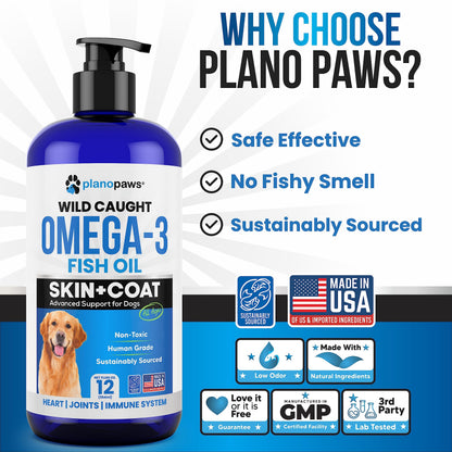 Omega 3 Fish Oil for Dogs – Liquid Dog Fish Oil Supplement – Supports Skin & Coat Health – Joint, Brain & Heart Support – for All Breeds & Ages