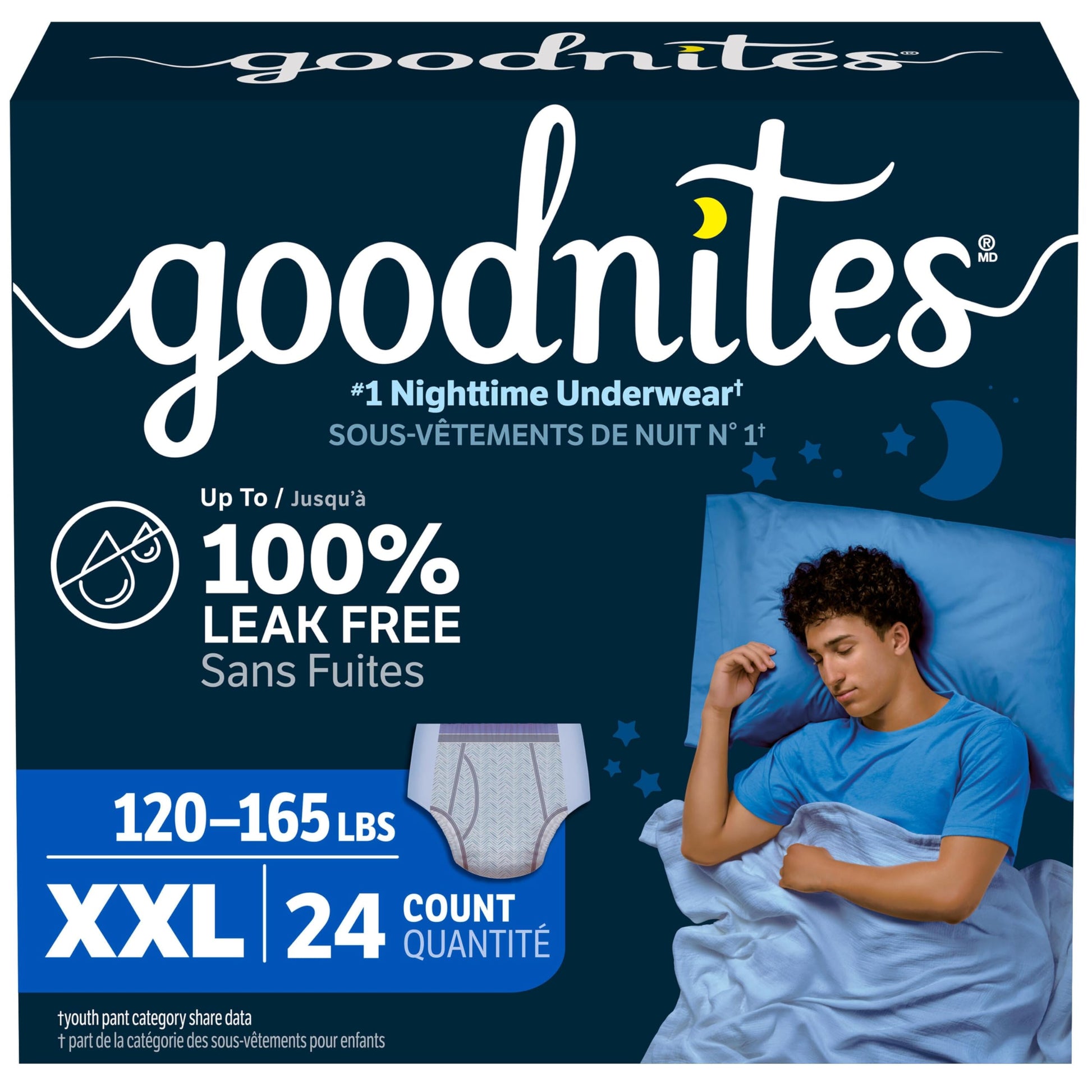 Goodnites Boys' Nighttime Underwear, Size XXL (120-165+ lbs), 24 Ct