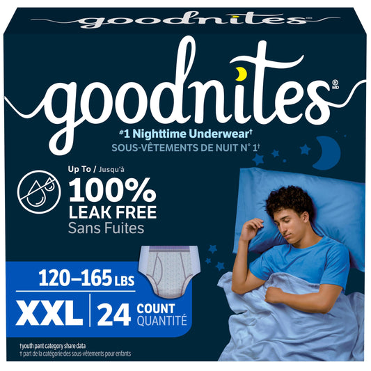 Goodnites Boys' Nighttime Underwear, Size XXL (120-165+ lbs), 24 Ct