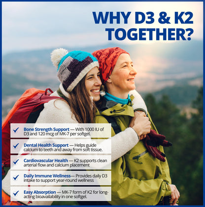 CanPrev D3 & K2 Vitamins 120 Softgels, 120-Day Supply, 1000IU Vitamin D3 & 120mcg K2, Supports Strong Bones, Teeth & Heart Wellness, Easy-to-Absorb with Organic Coconut Oil, No GMO, Gluten, Soy, Dairy