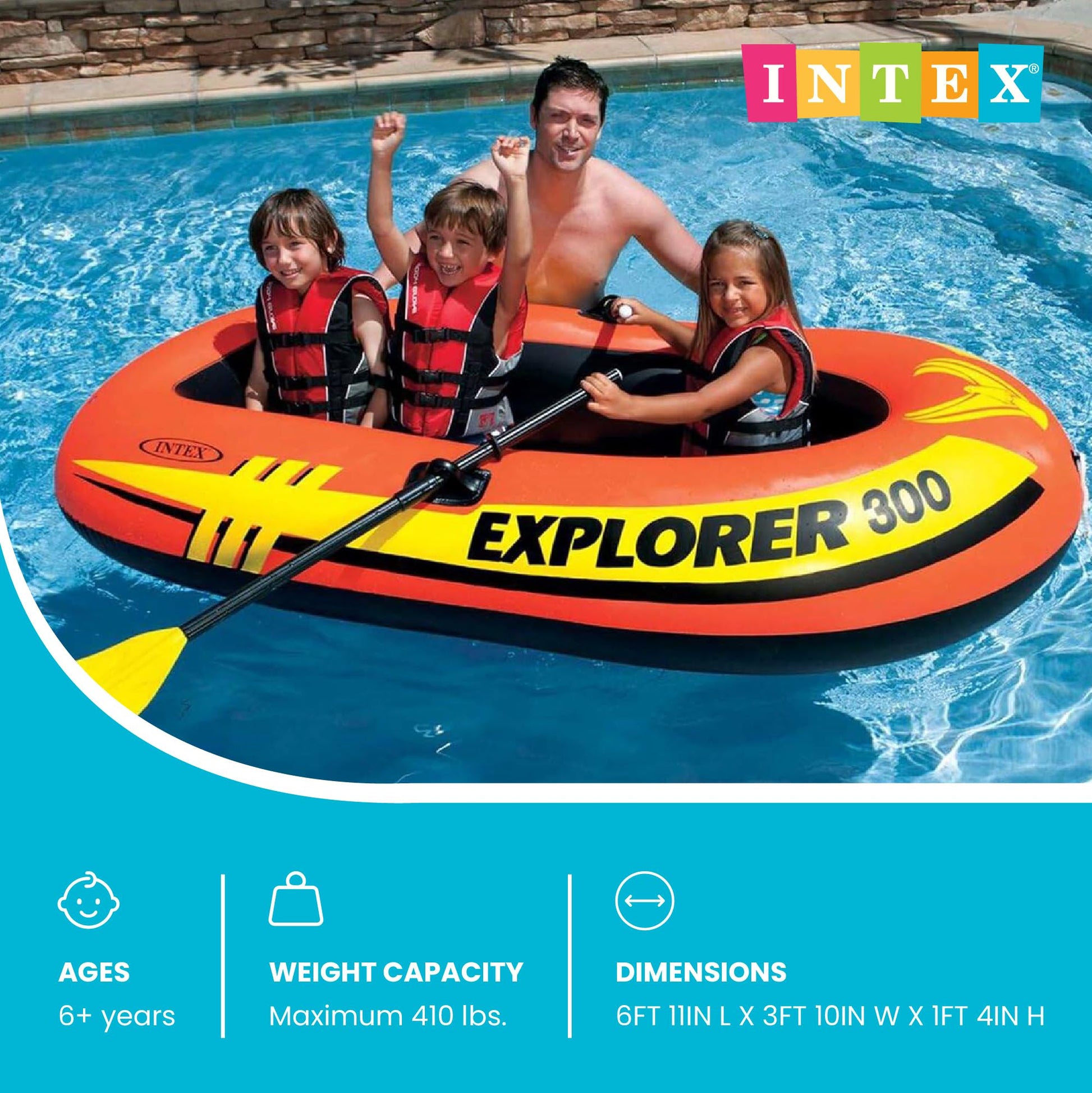 INTEX 58332EP Explorer 300 Inflatable Boat Set: Includes Deluxe Boat Oars and Mini Hand Pump – Dual Air Chambers – Grab Rope – 3-Person – 410lb Weight Capacity Intex