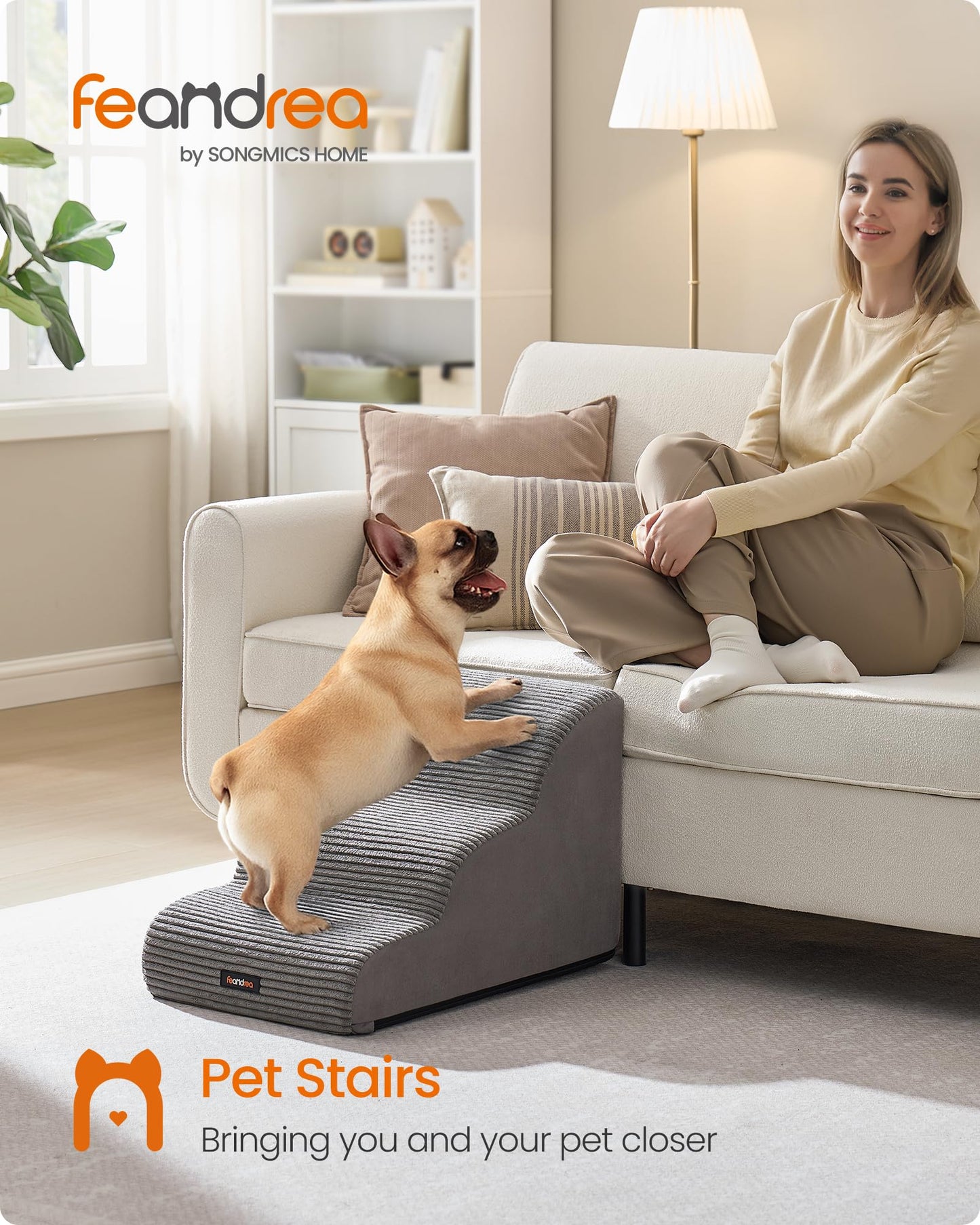 Feandrea 3-Step Dog Stairs, Dog Steps for Bed, Sofa, Waterproof Pet Stairs with Anti-Slip Designs, Gentle Slope, Removable Washable Cover, Handle, Dove Grey UPPS003G01 Feandrea