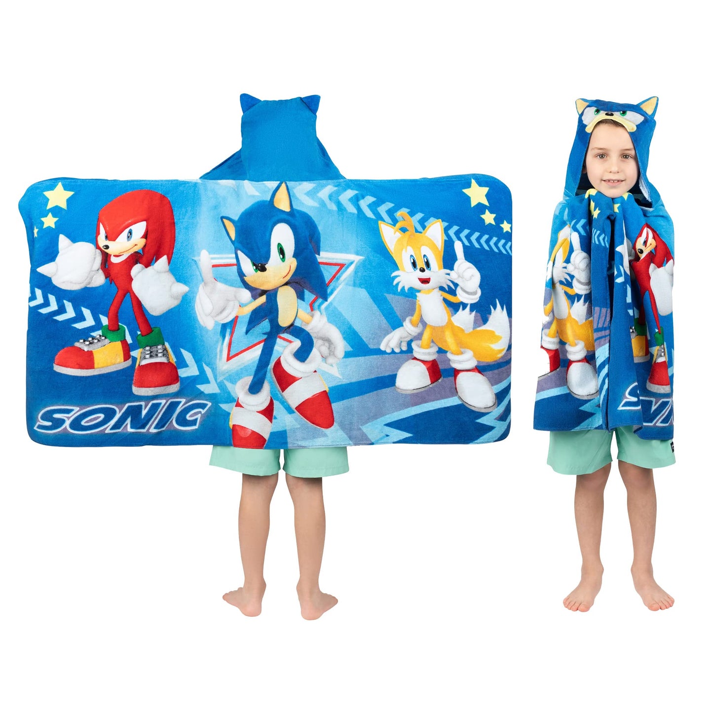 Franco Kids Bath and Beach Super Soft Cotton Hooded Towel Wrap, 24 in x 50 in, Sonic The Hedgehog Franco