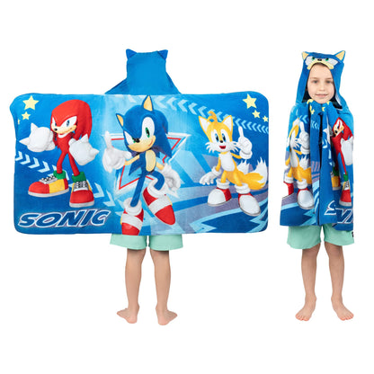 Franco Kids Bath and Beach Super Soft Cotton Hooded Towel Wrap, 24 in x 50 in, Sonic The Hedgehog Franco