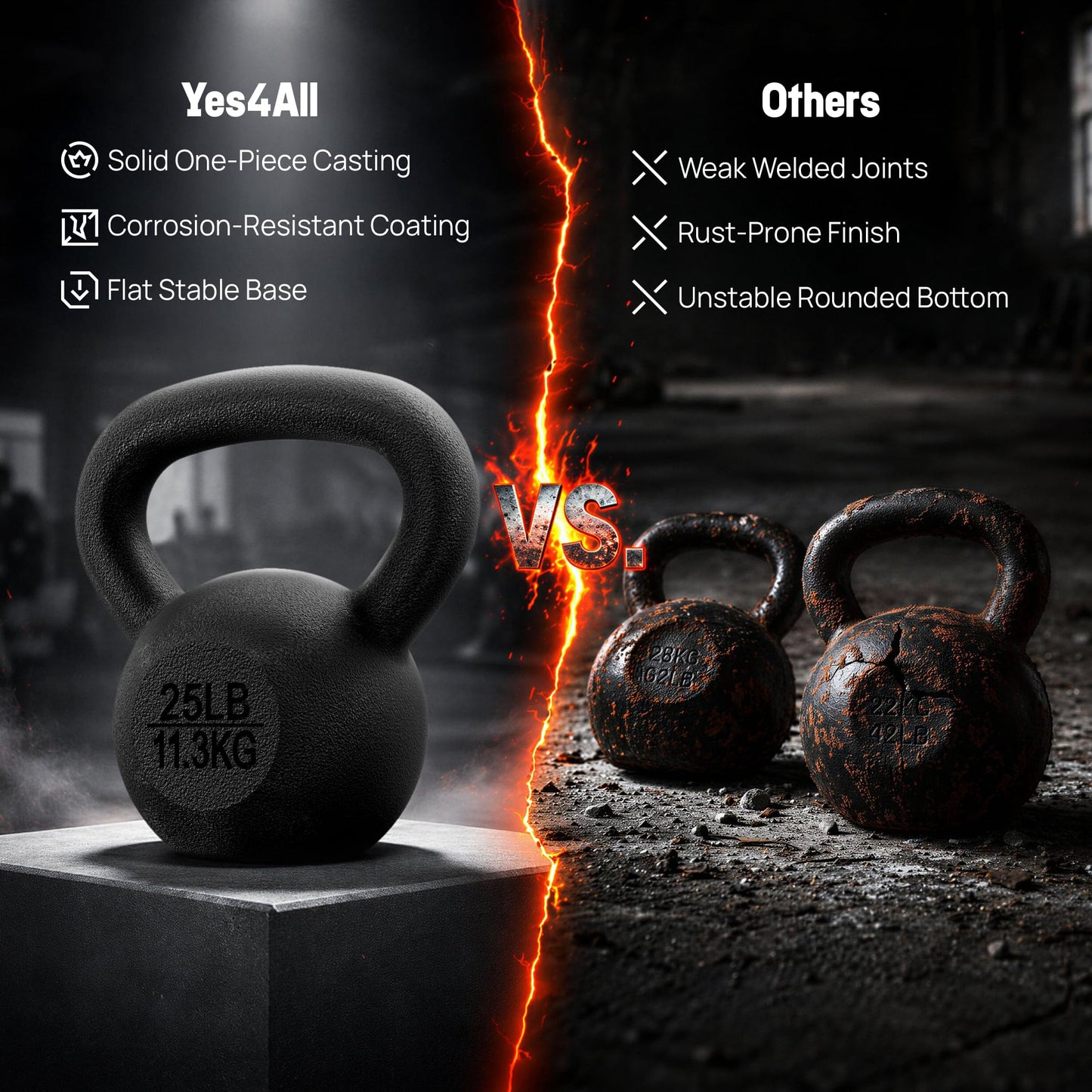 Yes4All Solid Cast Iron Kettlebell Weights Set – Great for Full Body Workout and Strength Training – Kettlebell 25 lbs (Black)