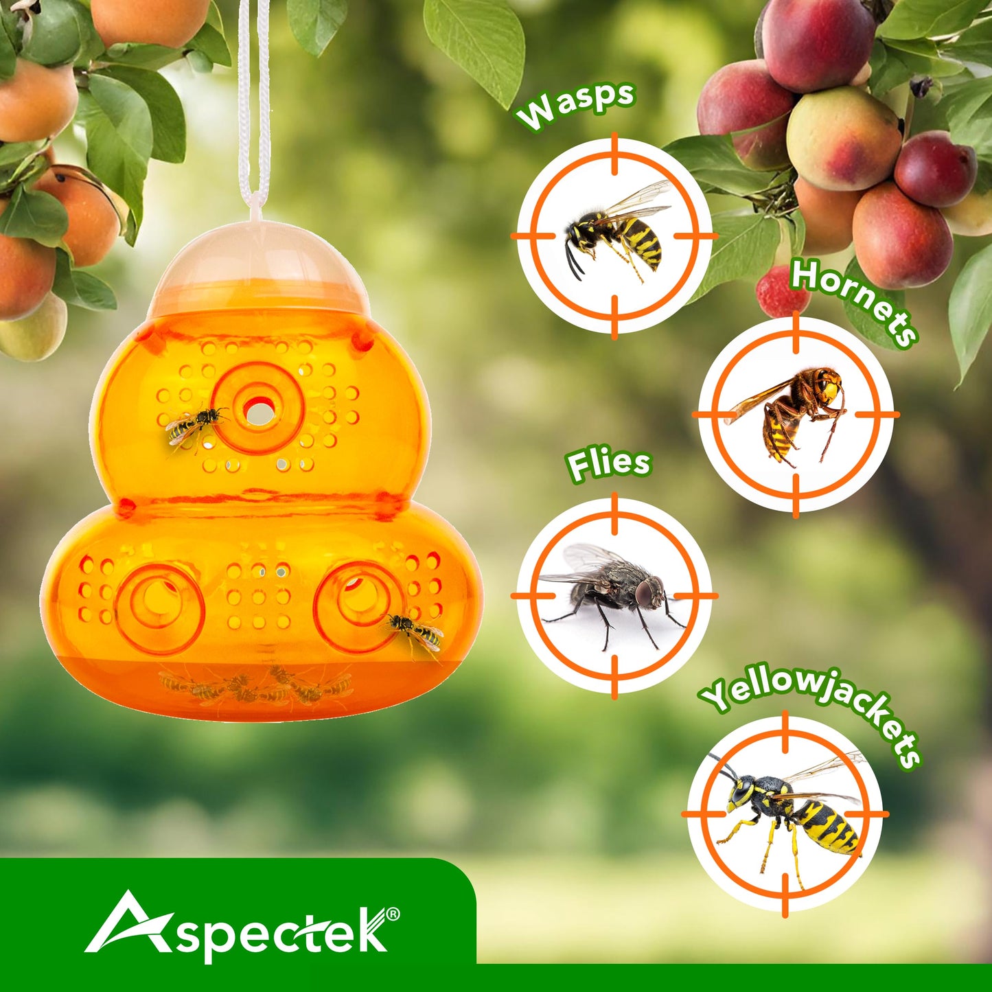 Aspectek Yellow Wasp Trap, 2 Pack, Outdoor Hanging Hornet, Yellow Jacket and Fly Catcher for Yard and Patio, Reusable, Easy Fill, Leak-Proof, Protect Garden, Patio, BBQ, Apple, Pear Trees, Berries