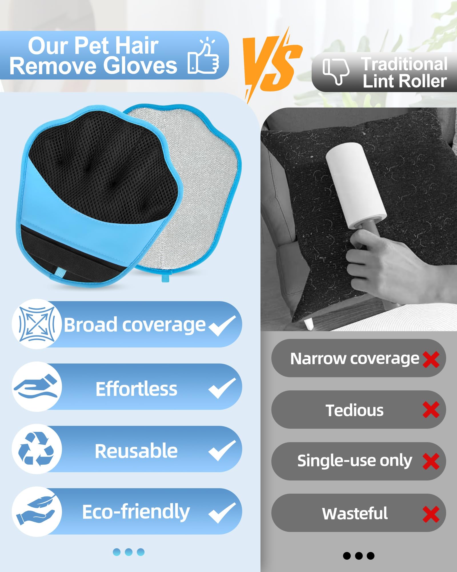 Upgraded Pet Hair Removal Glove, 2 Pair Five-Finger Electrostatic Pet Hair Removal Glove for Cats & Dogs, Reusable Magic Brush for Laundry, Couch, Carpet, Car Seat, Pet Hair Remover Tool (Blue)