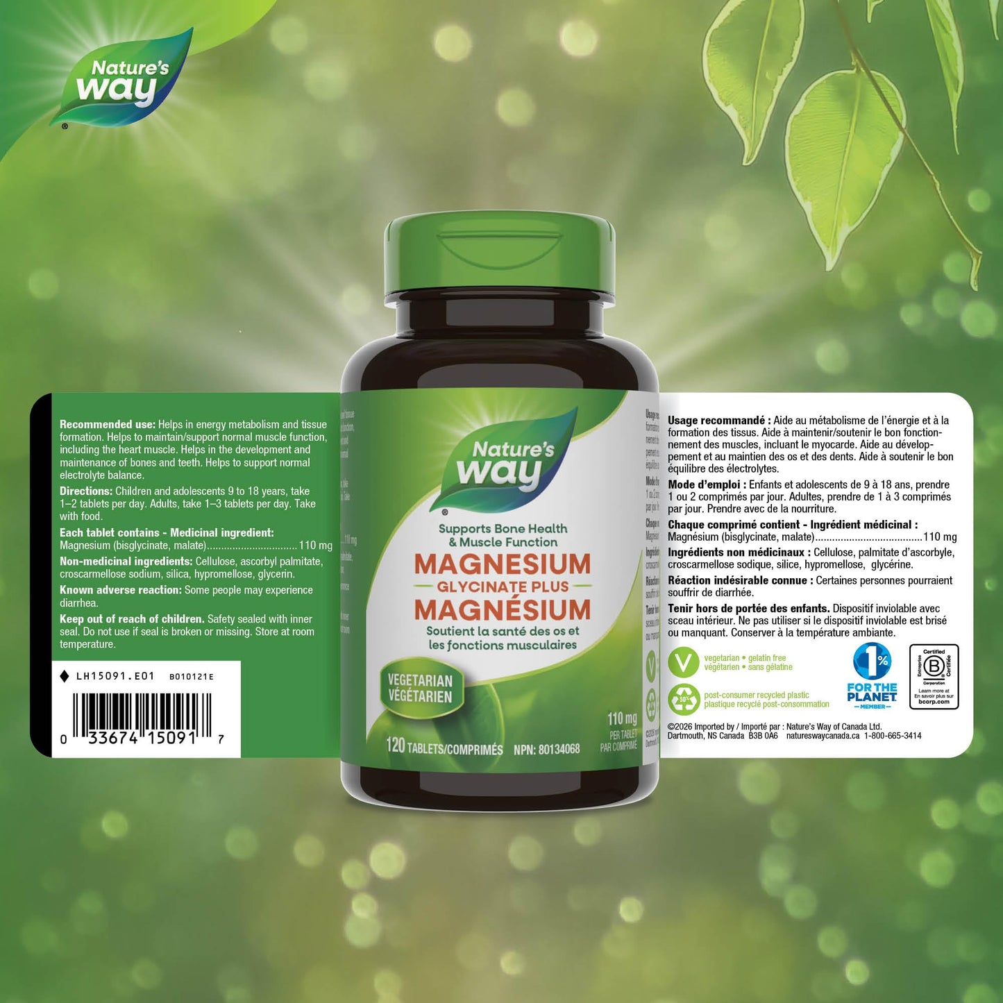Nature’s Way Magnesium Glycinate Plus – Supports Bone Health, Heart & Muscle Function – 110 mg Magnesium Bisglycinate & Malate – 120 Vegetarian Tablets 🍁 All In One Marketplace Canada