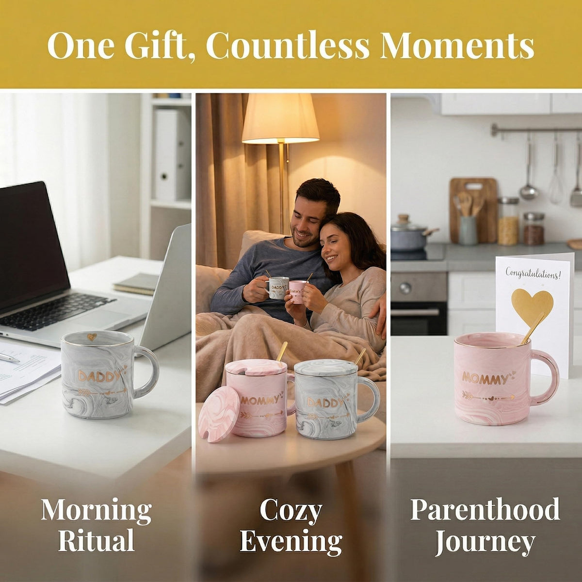 WUWEOT 2 Pack Dad and Mom Coffee Mug Set for Parents to be, New Mom and First Time Pregnancy Gifts for Christmas, Marble Ceramic Coffee Cup Set with Gift Box, Lid, Spoon (10OZ) 🍁 All In One Marketplace Canada