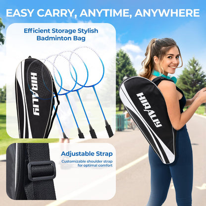 HIRALIY Badminton Rackets for Outdoor Backyard Games, Lightweight Badminton Set of 4 for Kids & Adults & Beginners, Including 4 Rackets, 12 Nylon Shuttlecocks, 4 Replacement Grip Tapes, 1 Carrying Bag - Available at All In One Marketplace Canada