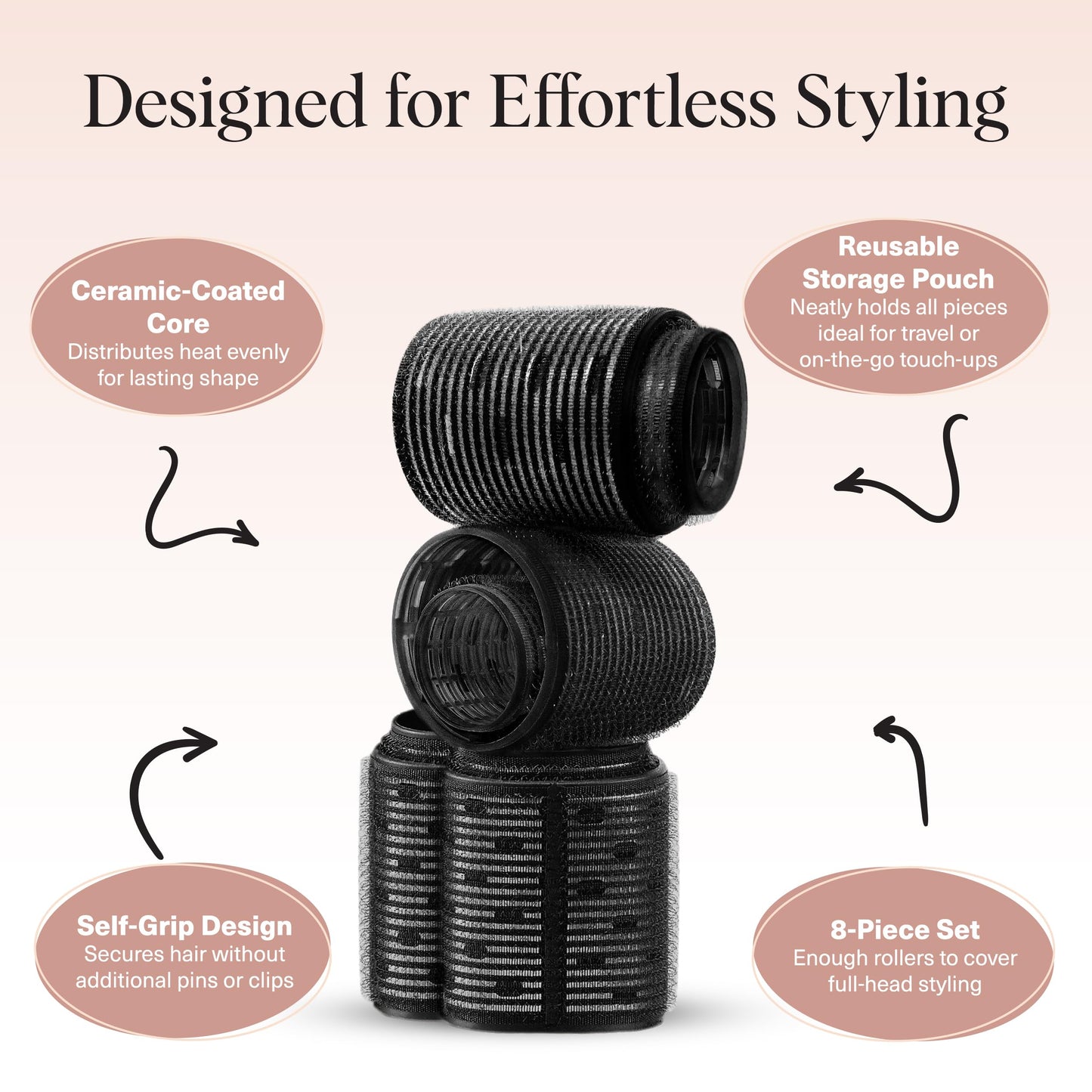 Kitsch Ceramic Thermal Hair Rollers for Women – Self Grip Hair Curlers for Heatless Curls Overnight - Volumizing Large Rollers for Short & Long Hair - For Long Lasting Frizz-Free Curls - Black, 8pcs - Available at All In One Marketplace Canada