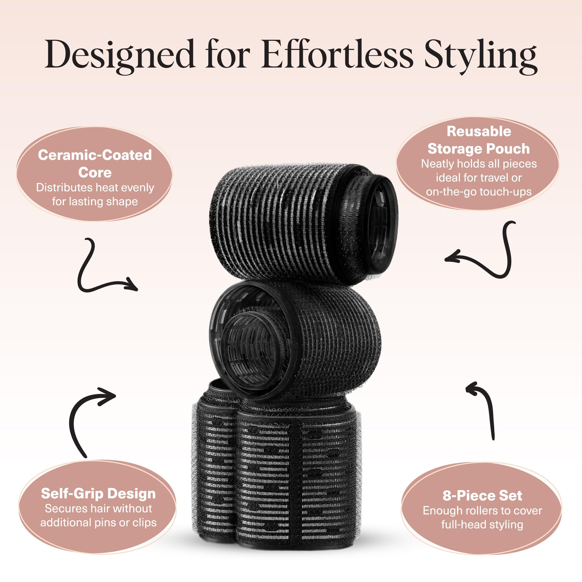 Kitsch Ceramic Thermal Hair Rollers for Women – Self Grip Hair Curlers for Heatless Curls Overnight - Volumizing Large Rollers for Short & Long Hair - For Long Lasting Frizz-Free Curls - Black, 8pcs - Available at All In One Marketplace Canada