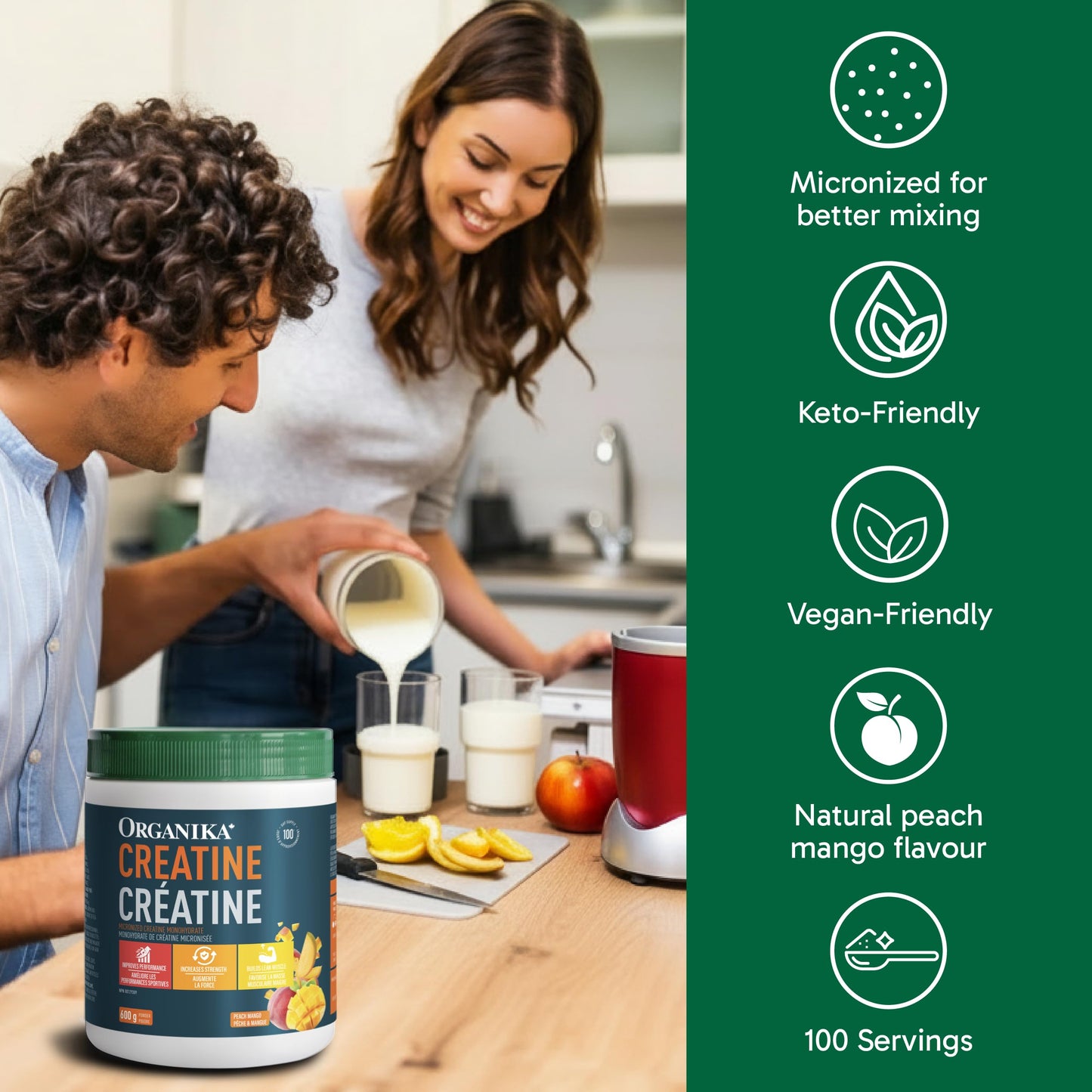 Organika Canadian-Made Creatine Powder- Peach Mango- Pure Micronized Creatine Monohydrate - Helps Build Lean Muscle, Increase Strength, and Improved Recovery and Performance for Men and Women - 600g