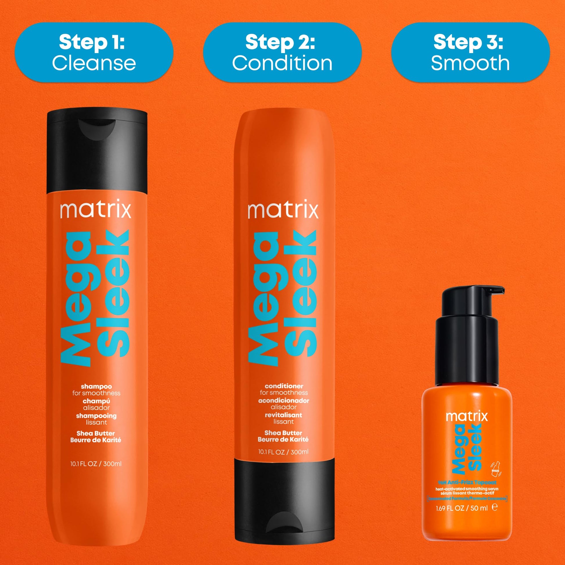 MATRIX Mega Sleek Shampoo, For Frizzy and Unruly Hair, Controls Frizz & Flyaways, Smooths Hair with Shea Butter, Vegan Matrix