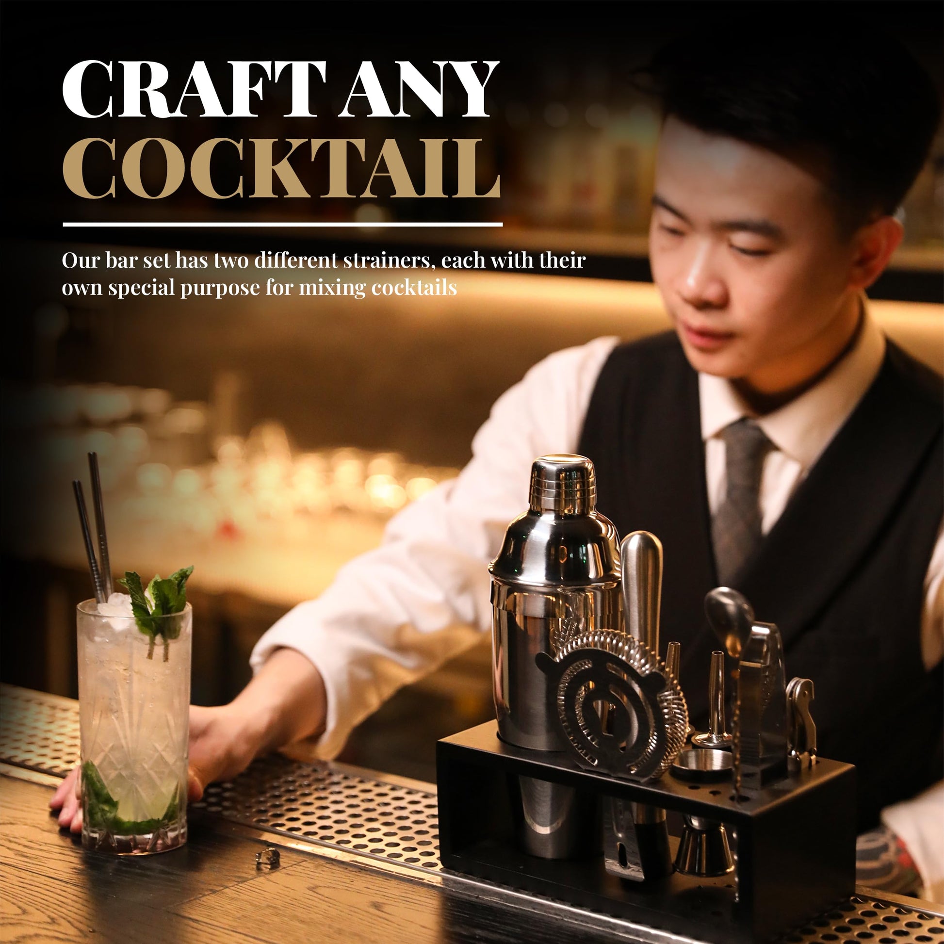 Mixology Bartender Kit with Stand | 15 Piece Bar Tool Set, Silver Bar Set Cocktail Shaker Set for Drink Mixing - Includes Martini Shaker, Jigger, Strainer, Bar Mixer Spoon, Tongs | Gift Idea (Silver) - Available at All In One Marketplace Canada