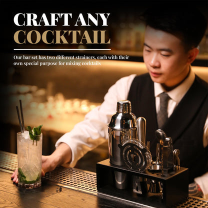 Mixology Bartender Kit with Stand | 15 Piece Bar Tool Set, Silver Bar Set Cocktail Shaker Set for Drink Mixing - Includes Martini Shaker, Jigger, Strainer, Bar Mixer Spoon, Tongs | Gift Idea (Silver) - Available at All In One Marketplace Canada