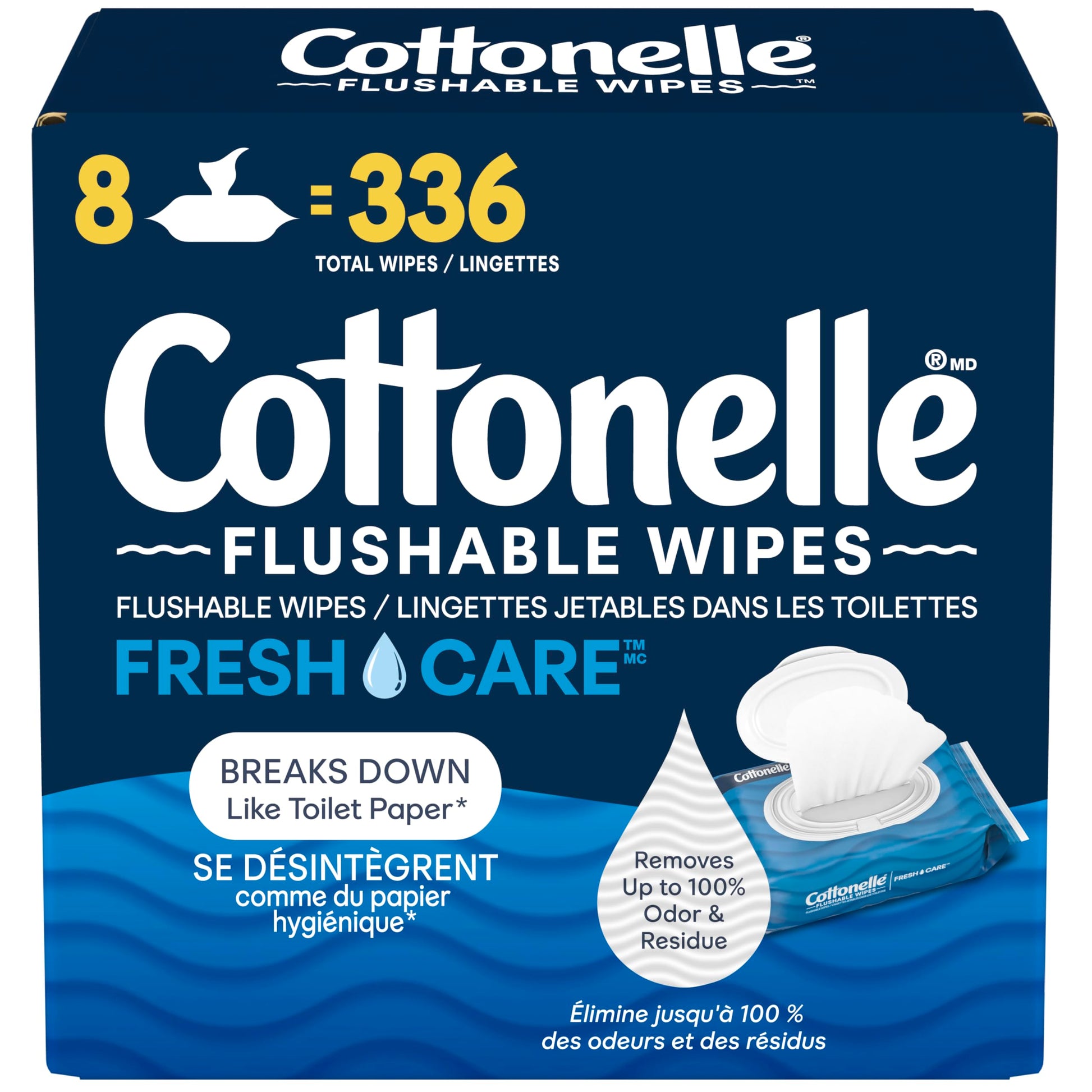 Flushable Wet Wipes; Cottonelle FreshCare; Biodegradable & Septic Safe; 8 Flip-Top Packs of 42 (336 Wipes) - Available at All In One Marketplace Canada